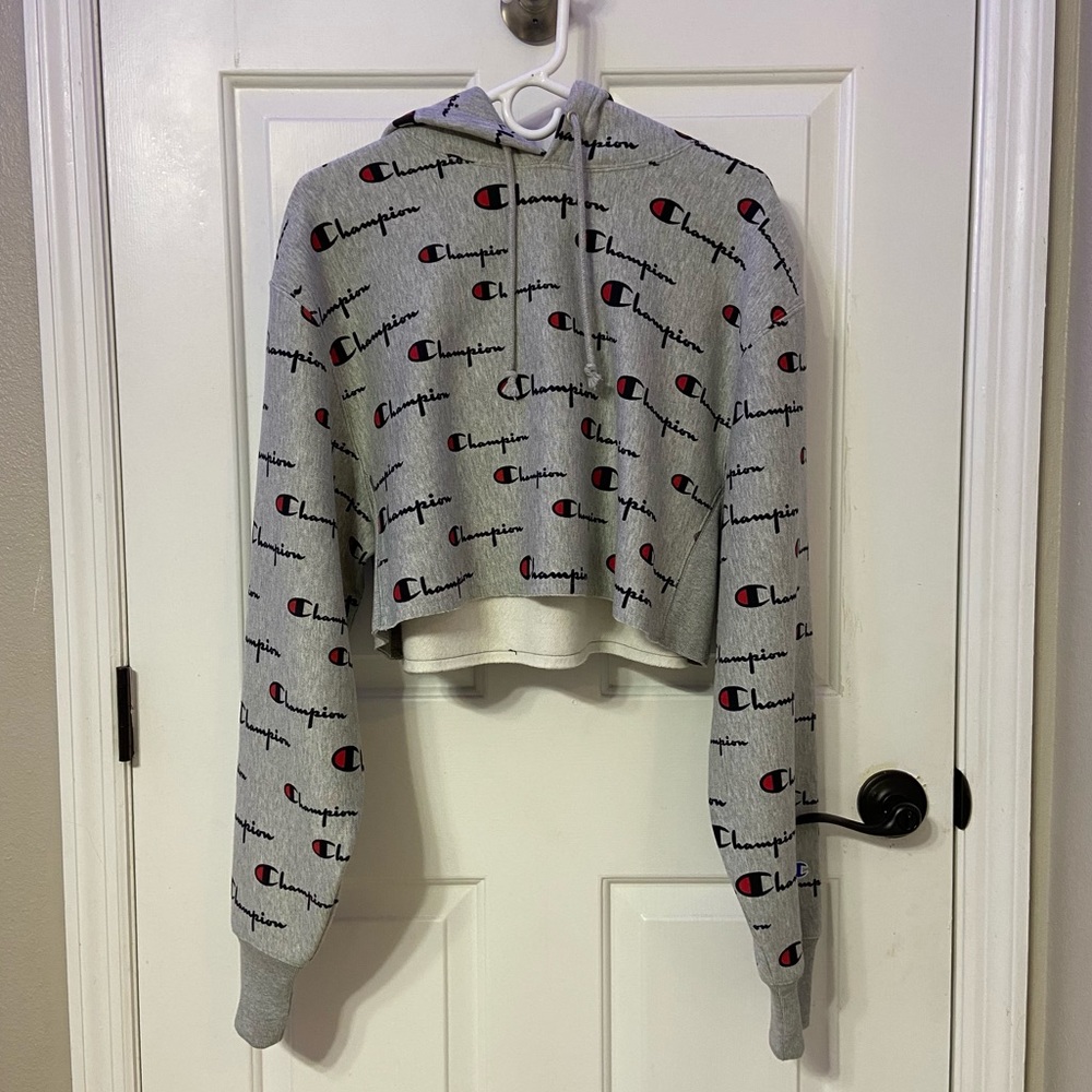 Champion Reverse Cropped Cut Hoodie All-Over Logo